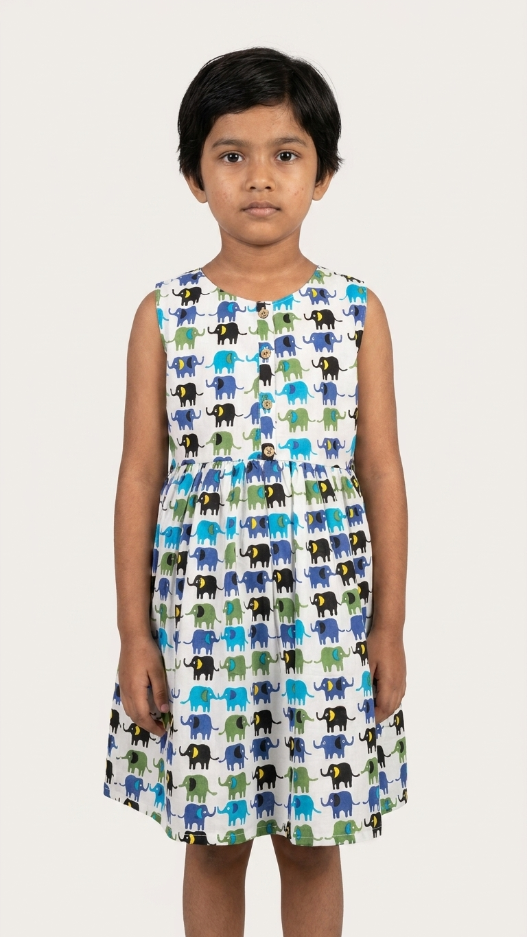 Royal Blue & Green Elephant Print Girls' Cotton Sleeveless Frock