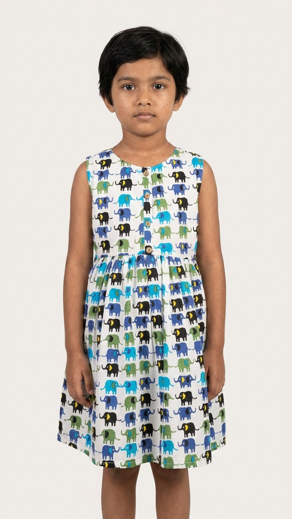 Royal Blue & Green Elephant Print Girls' Cotton Sleeveless Frock