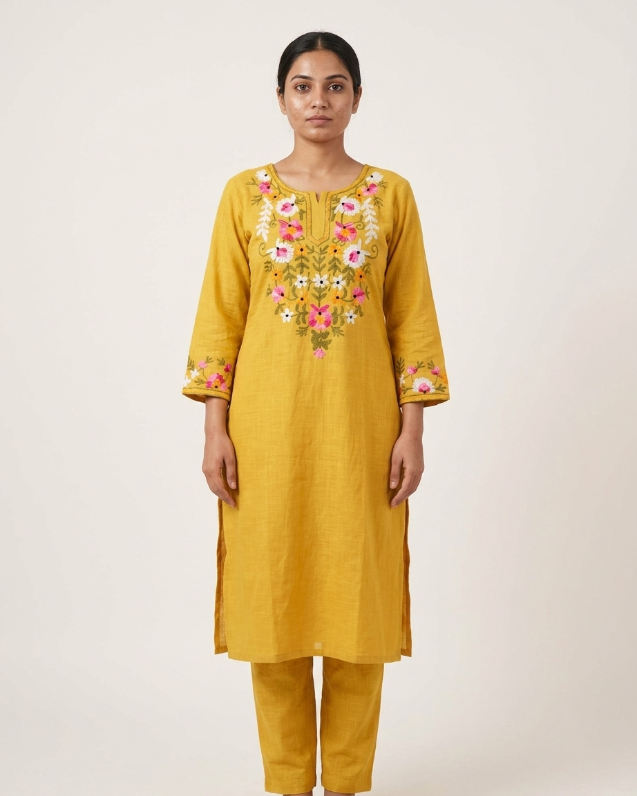 Floral Embroidered Kurta Set in Mustard yellow