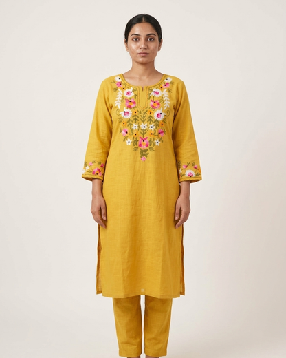 Floral Embroidered Kurta Set in Mustard yellow