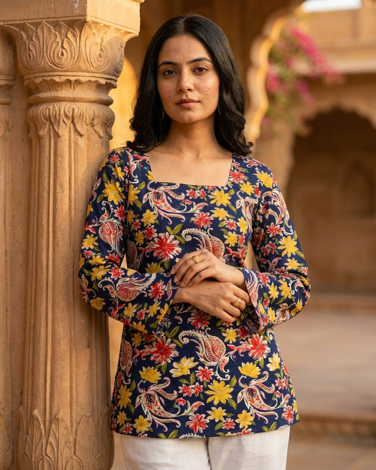 Navy Blue Paisley & Floral Cotton Kurti with Flared Sleeves
