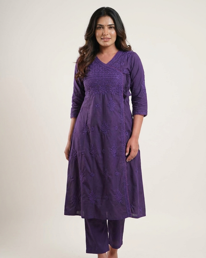 Soft Pastel Angrakha chikan kari Embroidered Kurta Set in Purple