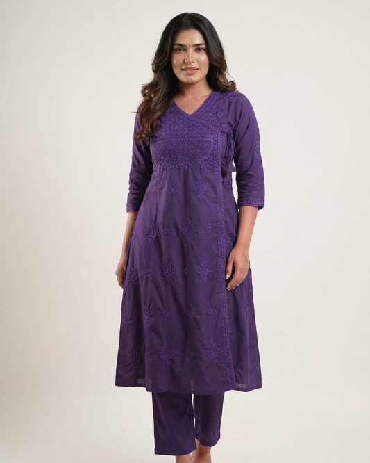 Soft Pastel Angrakha chikan kari Embroidered Kurta Set in Purple
