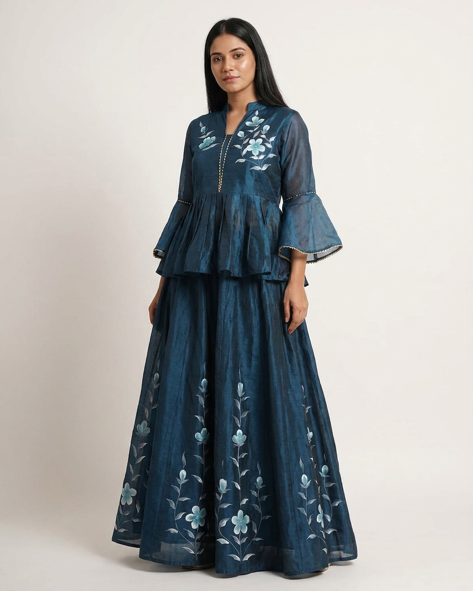 Floral Embroidered Peplum Top and Flared Skirt Set