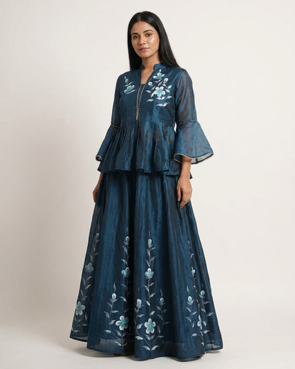 Floral Embroidered Peplum Top and Flared Skirt Set
