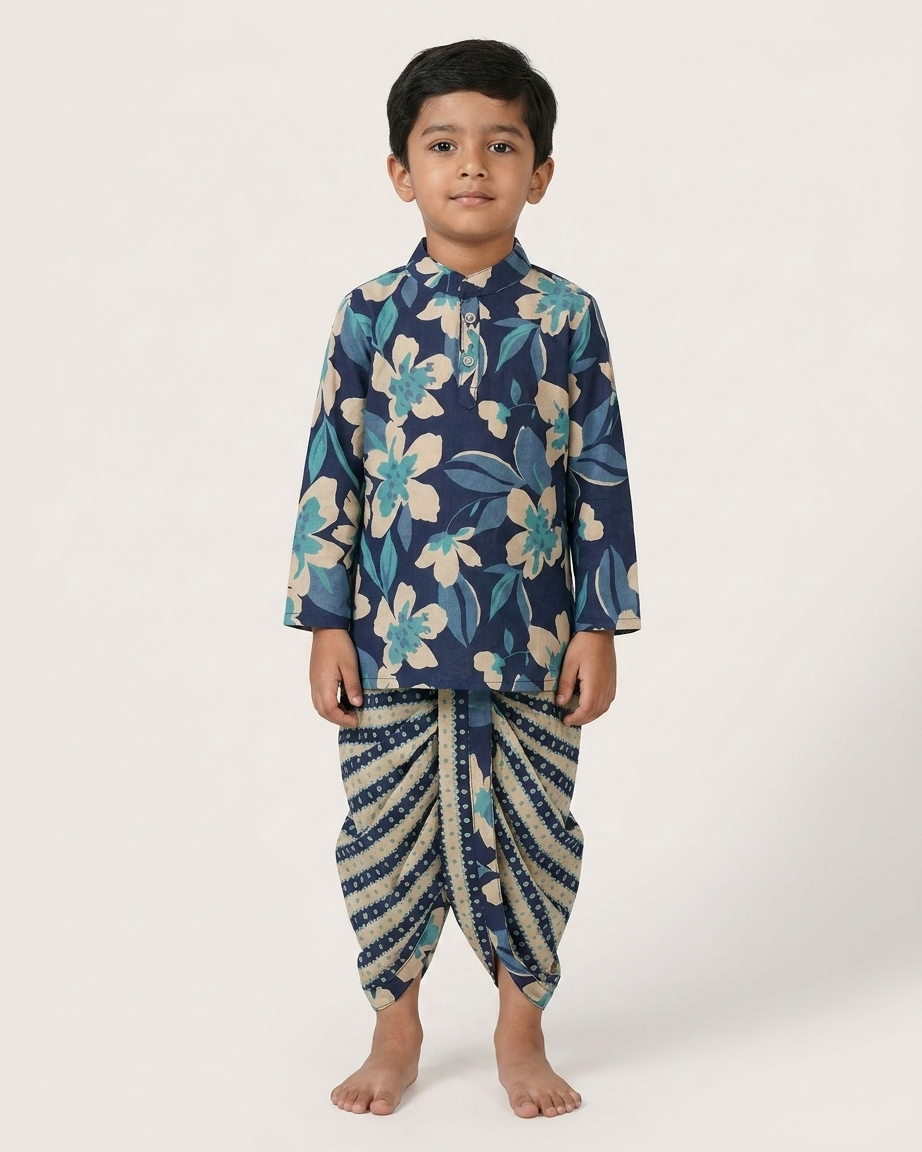 Midnight Flora & Stripes: Boys' Cotton Kurta & Stitched Dhoti Set