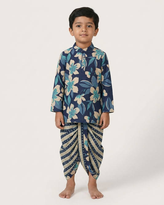 Midnight Flora & Stripes: Boys' Cotton Kurta & Stitched Dhoti Set