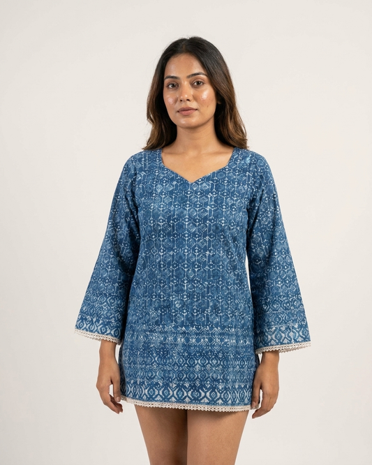 Indigo Geometric Block Print Tunic with Lace Trim
