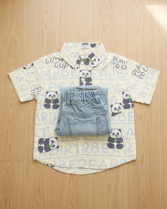 Panda Party: Boys' Cream Panda Print Shirt & Light-Wash Denim Shorts Set