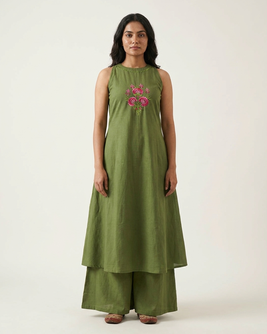 Olive Green Flared A-Line Kurta Set with Floral Embroidery