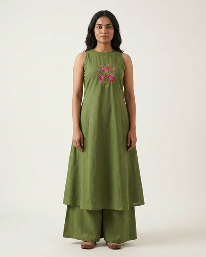 Olive Green Flared A-Line Kurta Set with Floral Embroidery