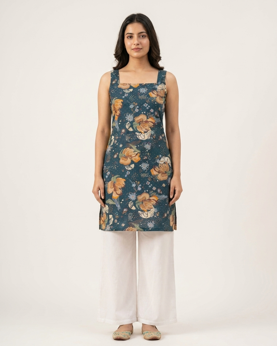Midnight Teal Floral Sleeveless Short Kurti