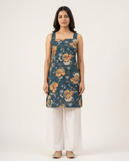 Midnight Teal Floral Sleeveless Short Kurti