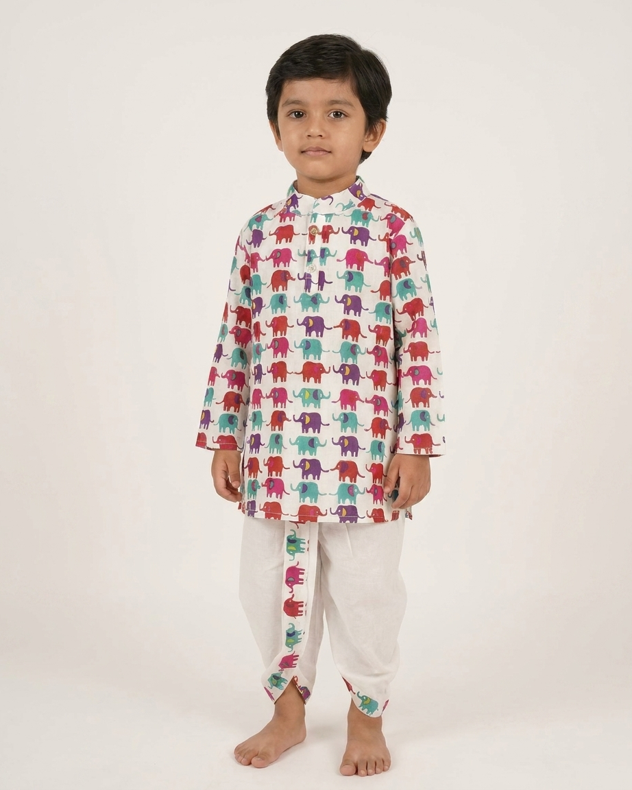 Festive Parade: Boys' Multi-Color Elephant Print Kurta & Dhoti Set