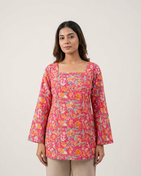 Blush Pink Floral Cotton Kurti with Lace-Up Back & Bell Sleeves