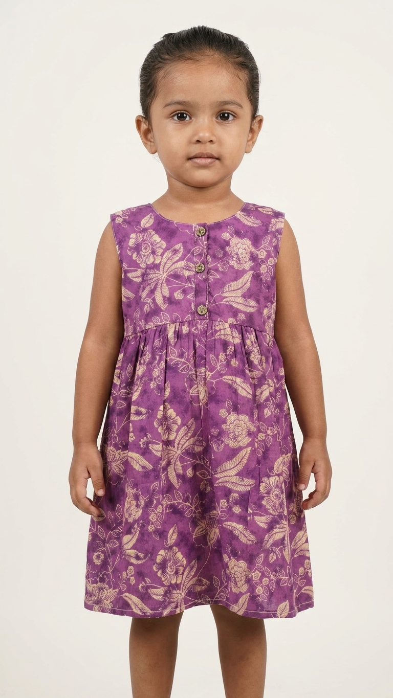 Royal Amethyst Floral Cotton Frock for Girls with Side Ties