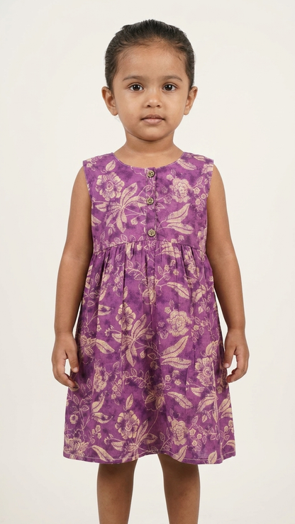 Royal Amethyst Floral Cotton Frock for Girls with Side Ties