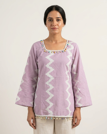 Soft Lavender Geometric Chevron Tunic with Colorful Pom-Pom Trim