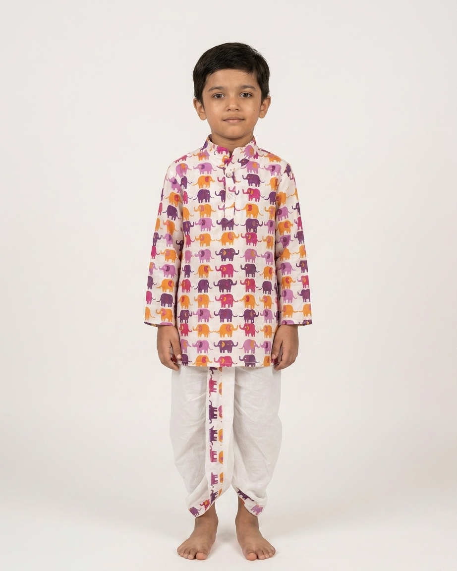 Vibrant Jubilation: Boys' Pink & Purple Elephant Print Kurta Dhoti Set