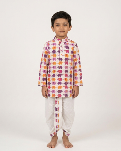 Vibrant Jubilation: Boys' Pink & Purple Elephant Print Kurta Dhoti Set