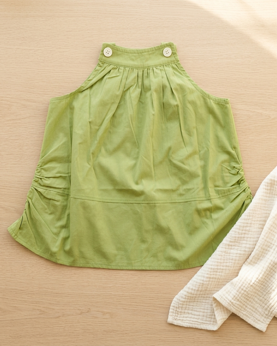 Sage Garden: Girls' Olive Green Halter-Neck Cotton Tunic with Button Accents