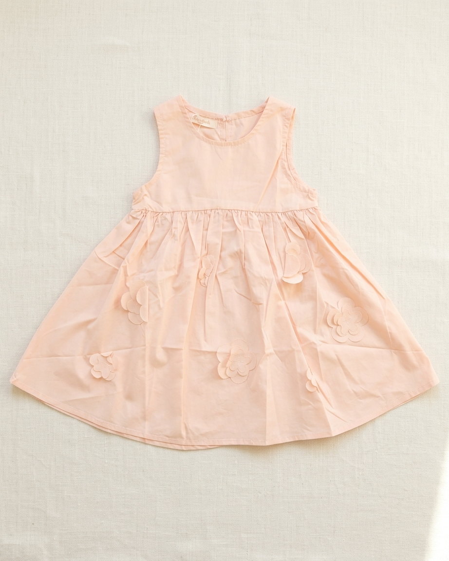 Peach Blossom: Girls' Sleeveless Cotton Dress with 3D Floral Applique
