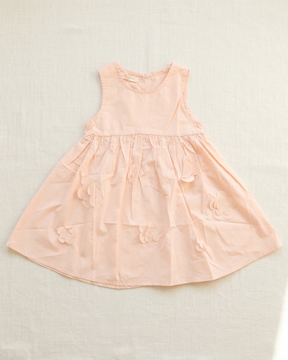 Peach Blossom: Girls' Sleeveless Cotton Dress with 3D Floral Applique