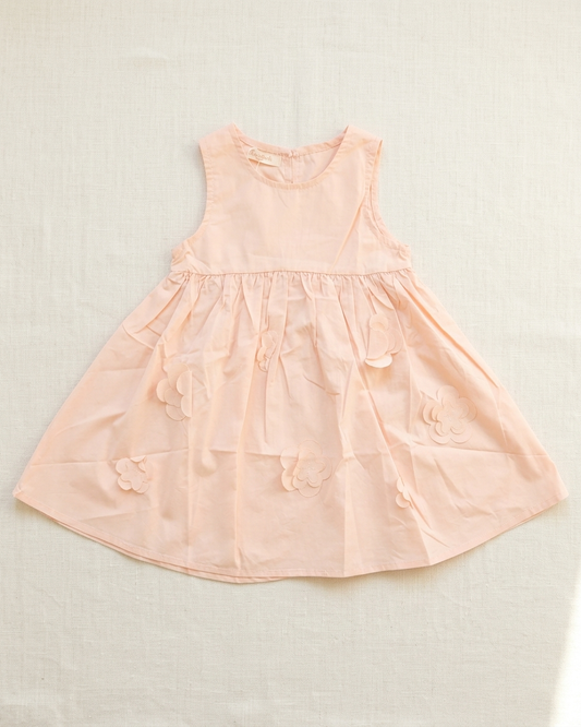 Peach Blossom: Girls' Sleeveless Cotton Dress with 3D Floral Applique