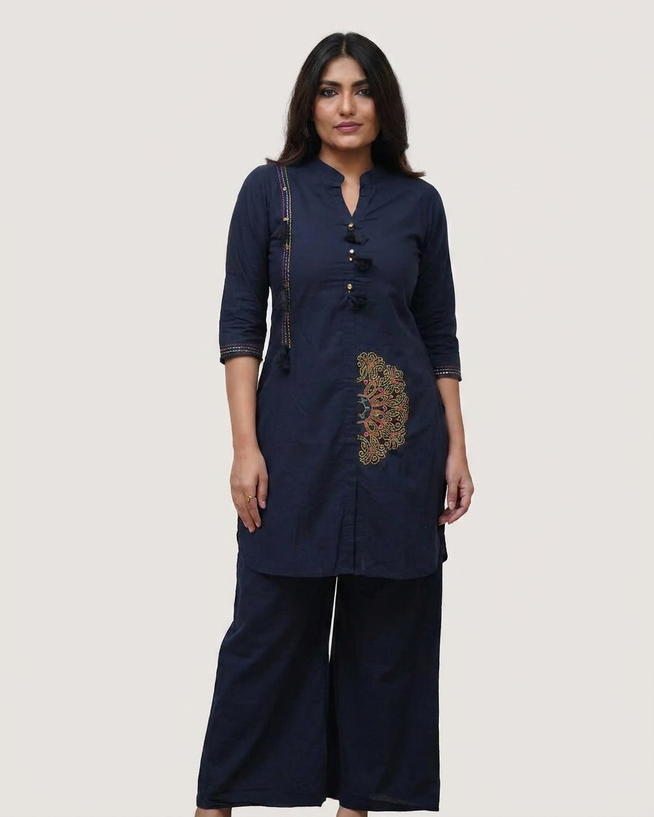 Elegant Front-Button Tassel Kurta with Mandala Embroidery