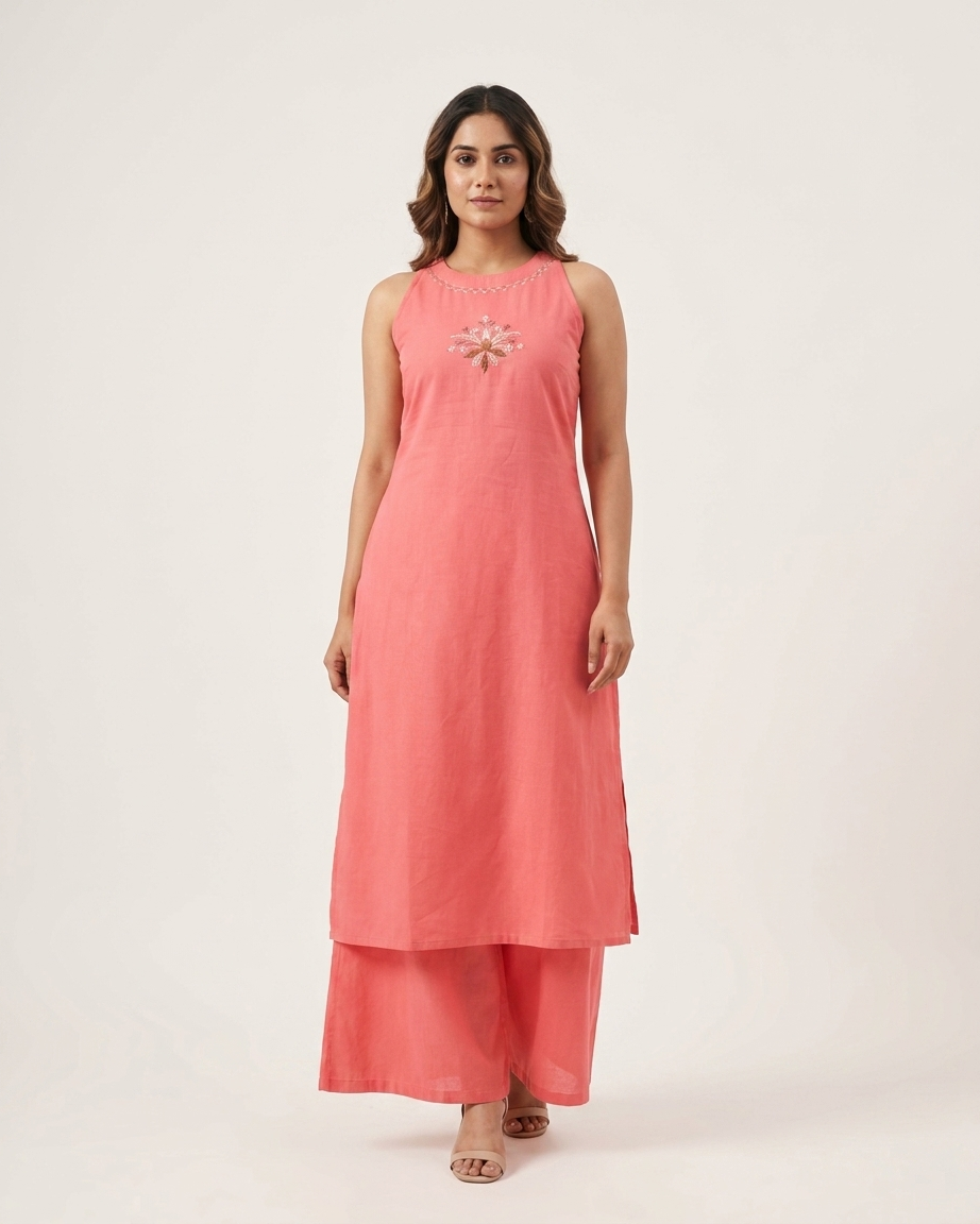 Flared A-Line Kurta Set with Floral Embroidery