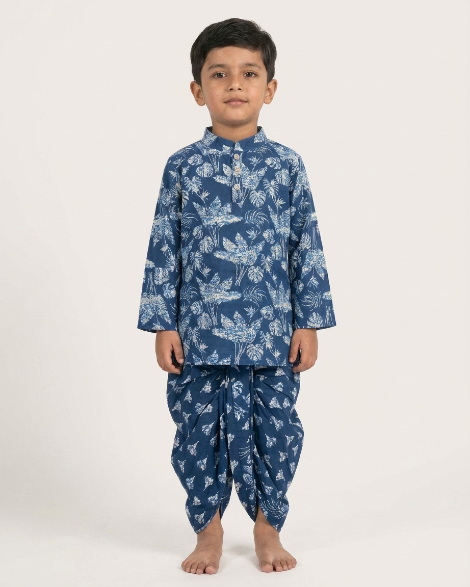 Midnight Botanic Boys' Cotton Kurta & Ready-to-Wear Dhoti Set