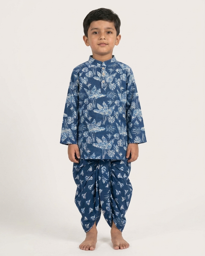 Midnight Botanic Boys' Cotton Kurta & Ready-to-Wear Dhoti Set