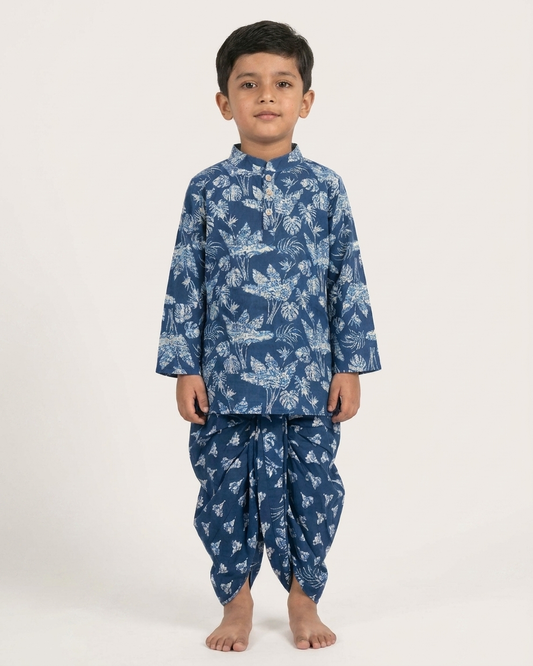 Midnight Botanic Boys' Cotton Kurta & Ready-to-Wear Dhoti Set