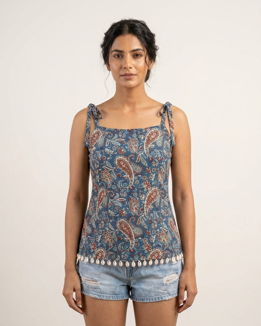 Indigo Blue Paisley Tie-Strap Top with Shell Detailing