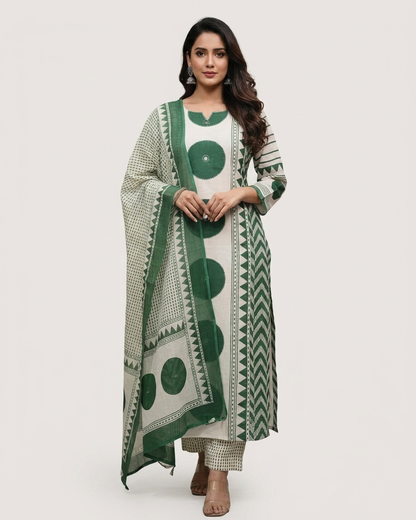Geometric Print 3-Piece Kurta Set in Green