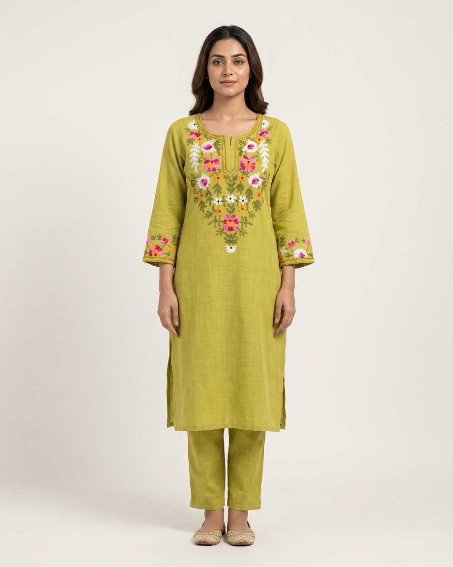 Floral Embroidered Kurta Set in Parrot Green