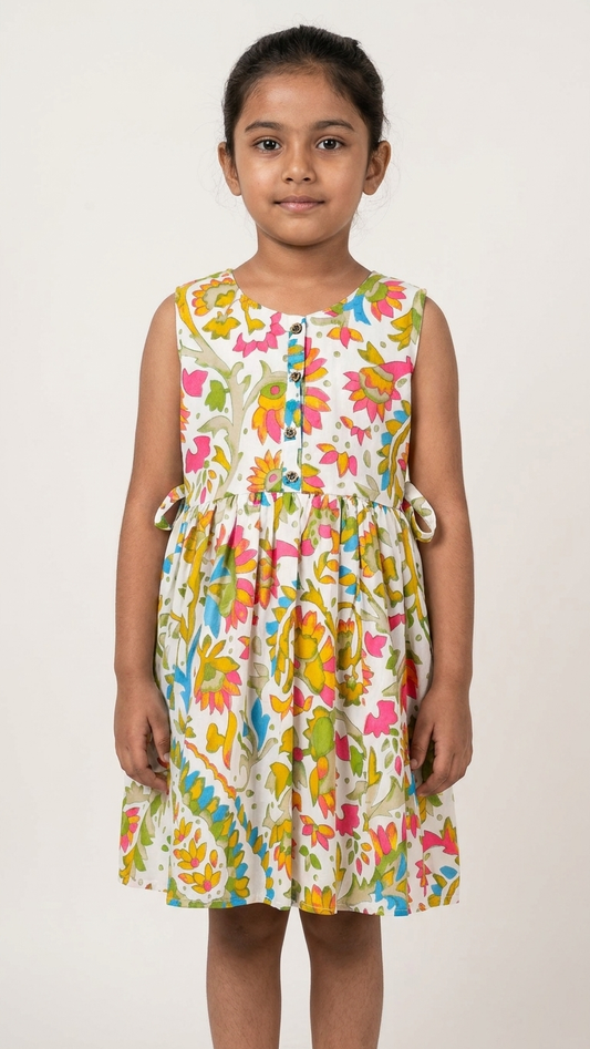 Bohemian Blossom: Girls' Cotton Floral Print Sleeveless Frock