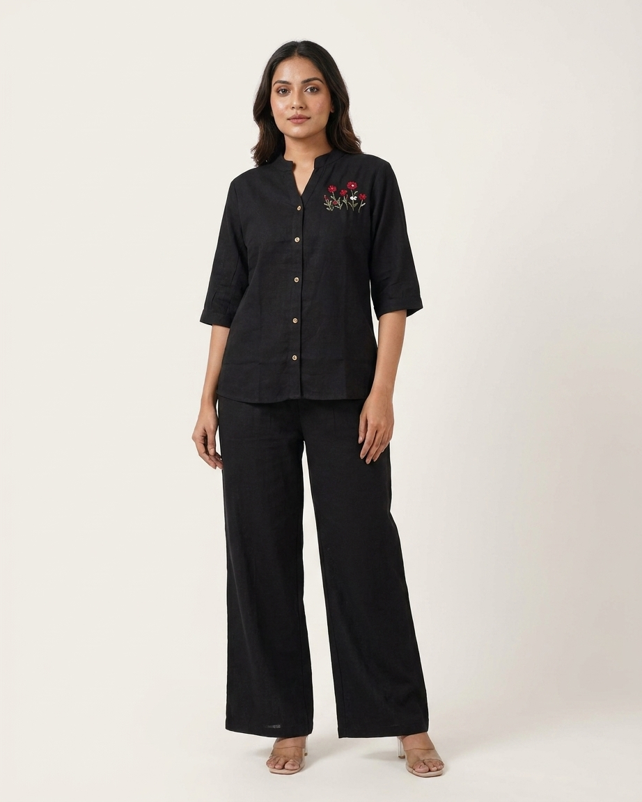 Minimalist Floral Embroidered Button-Down Co-ord Set