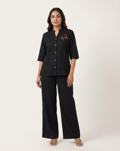 Minimalist Floral Embroidered Button-Down Co-ord Set