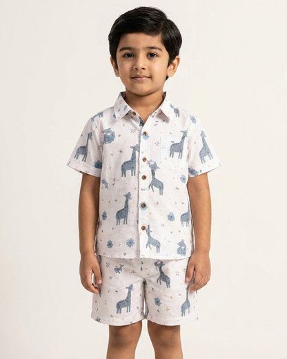 Safari Explorer Giraffe Print Boys' Cotton Co-ord Set: Shirt & Shorts