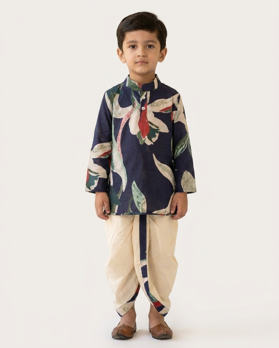 Midnight Botanic Boys' Cotton Kurta & Ready-to-Wear Dhoti Set