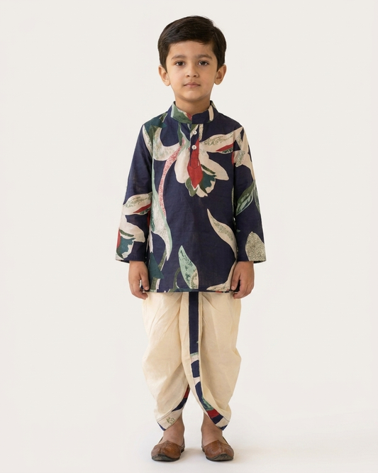 Midnight Botanic Boys' Cotton Kurta & Ready-to-Wear Dhoti Set