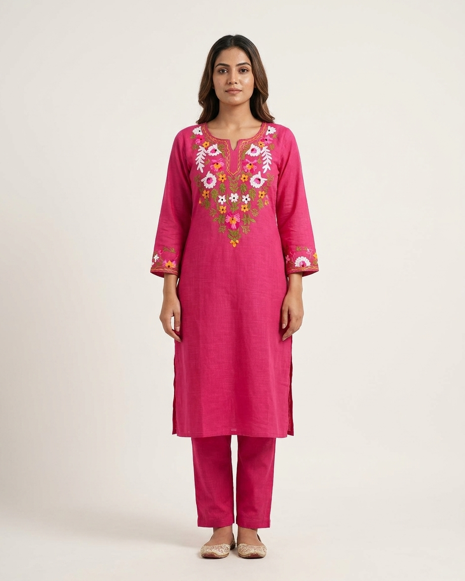 Floral Embroidered Kurta Set in Rani pink
