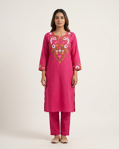 Floral Embroidered Kurta Set in Rani pink