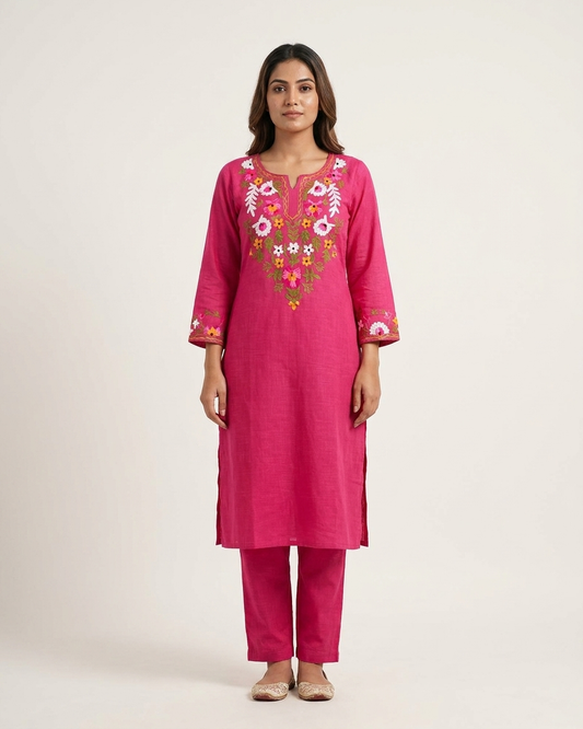 Floral Embroidered Kurta Set in Rani pink