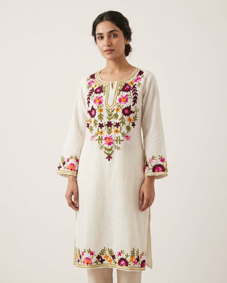 Floral Embroidered Kurta Set - White