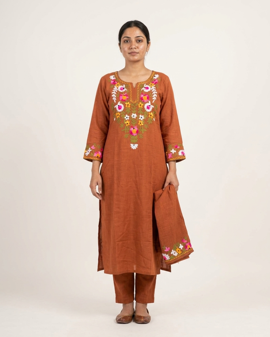 Floral Embroidered Kurta Set in Rust Brown