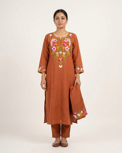 Floral Embroidered Kurta Set in Rust Brown