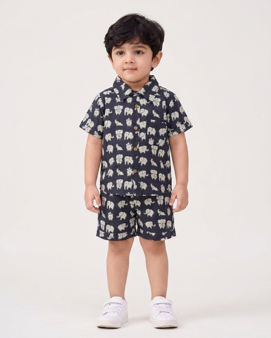 Midnight Elephant Boys' Cotton Co-ord Set: Shirt & Shorts