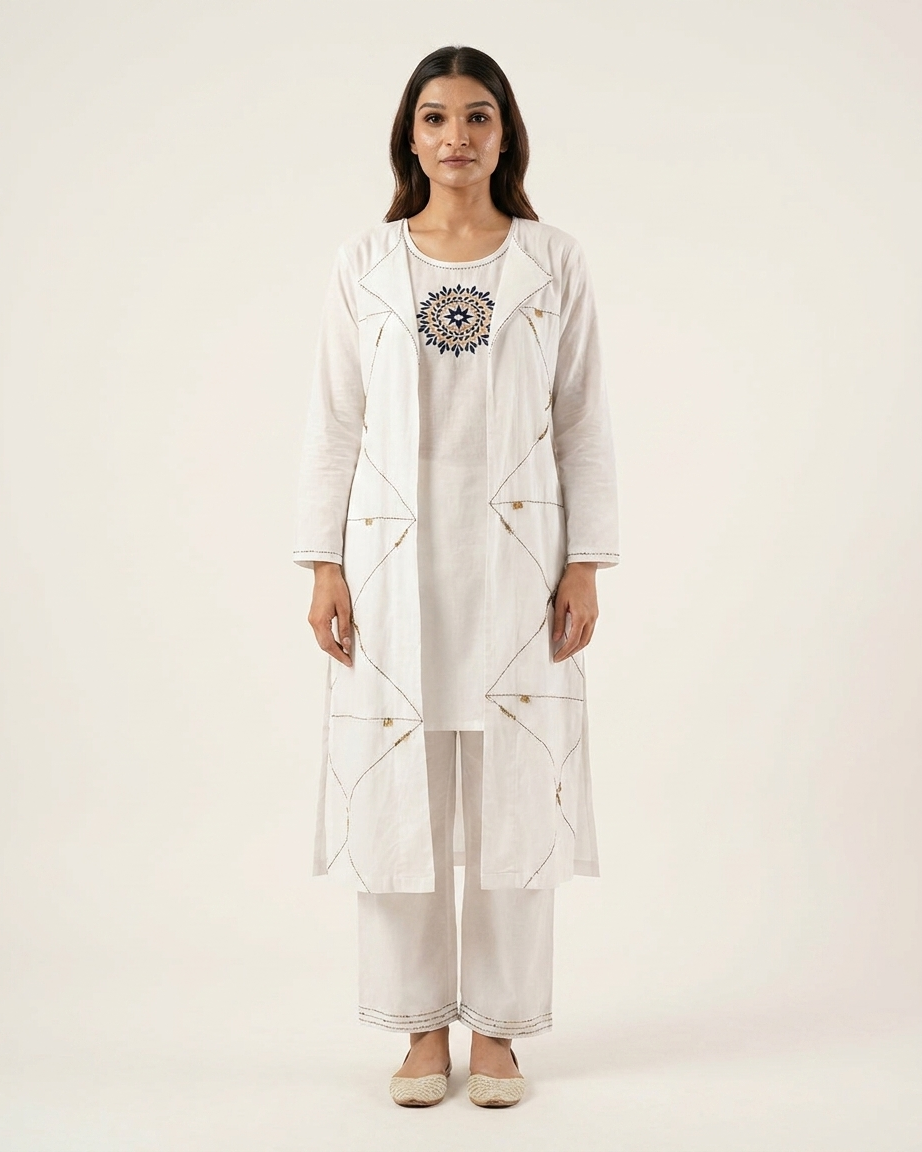 White 3-Piece Layered Jacket Kurta Set
